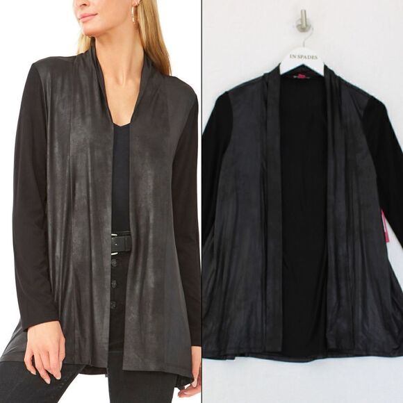 Vince Camuto Drape Front Faux Leather Cardigan in Rich Black - Picture 1 of 3